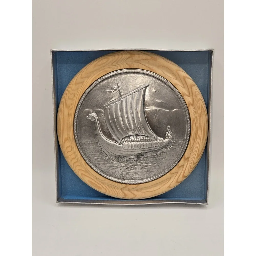Vintage Norway Pewter Viking Ship Plate Wood Wall Plaque Norse‎ Decor